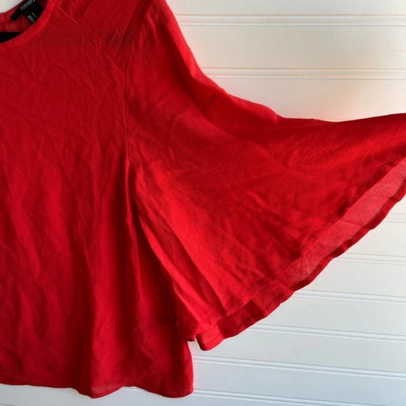 Forever 21 Small Red Chiffon Flare Sleeve Keyhole Babydoll Blouse - Picture 3 of 7